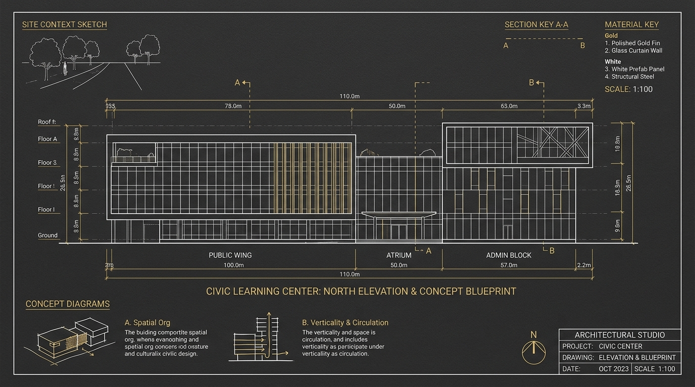 Architectural concept blueprint, elevation drawings and planning diagrams