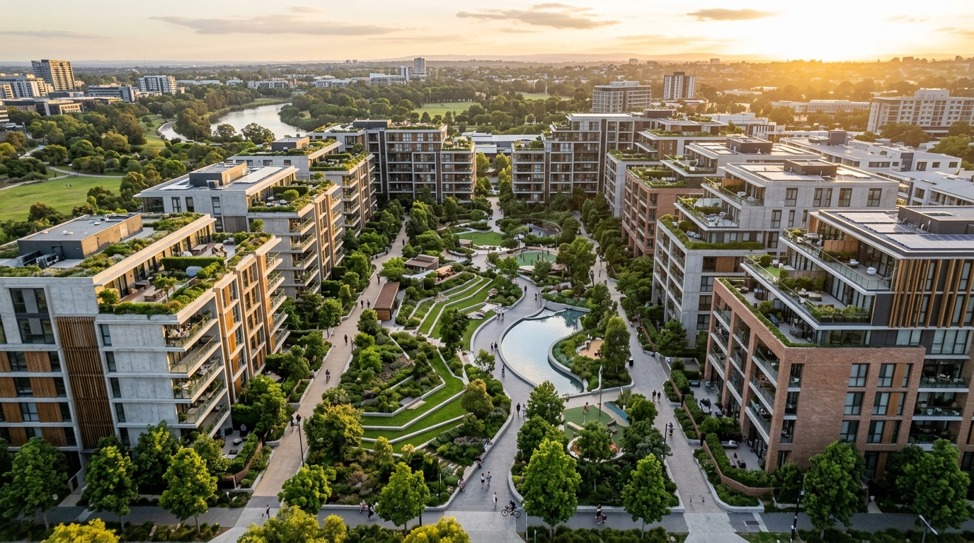 Master-planned group housing community with landscaped courtyards and terraces