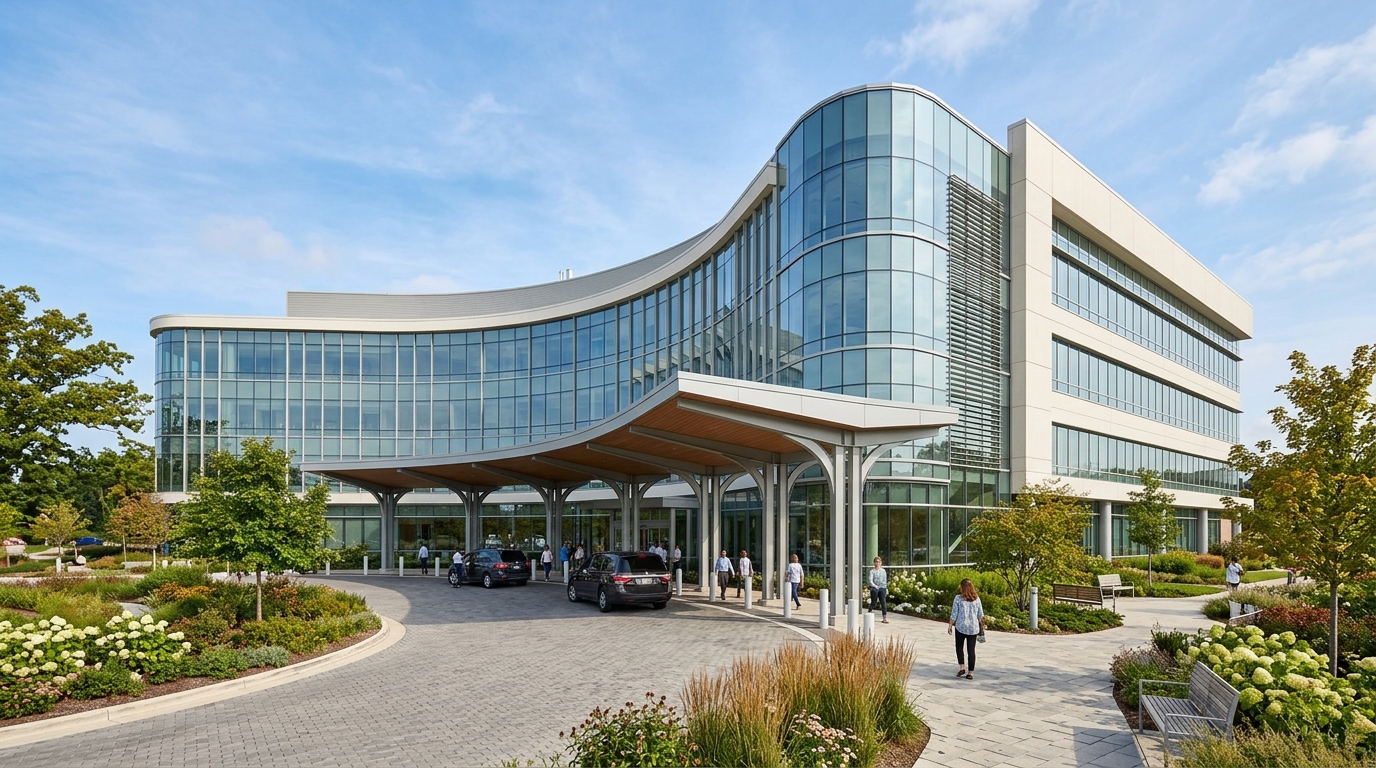 Modern healthcare center with curved glass facade and drop-off entrance portico