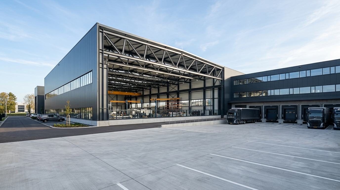 High-tech industrial manufacturing and logistics facility with structural steel framing