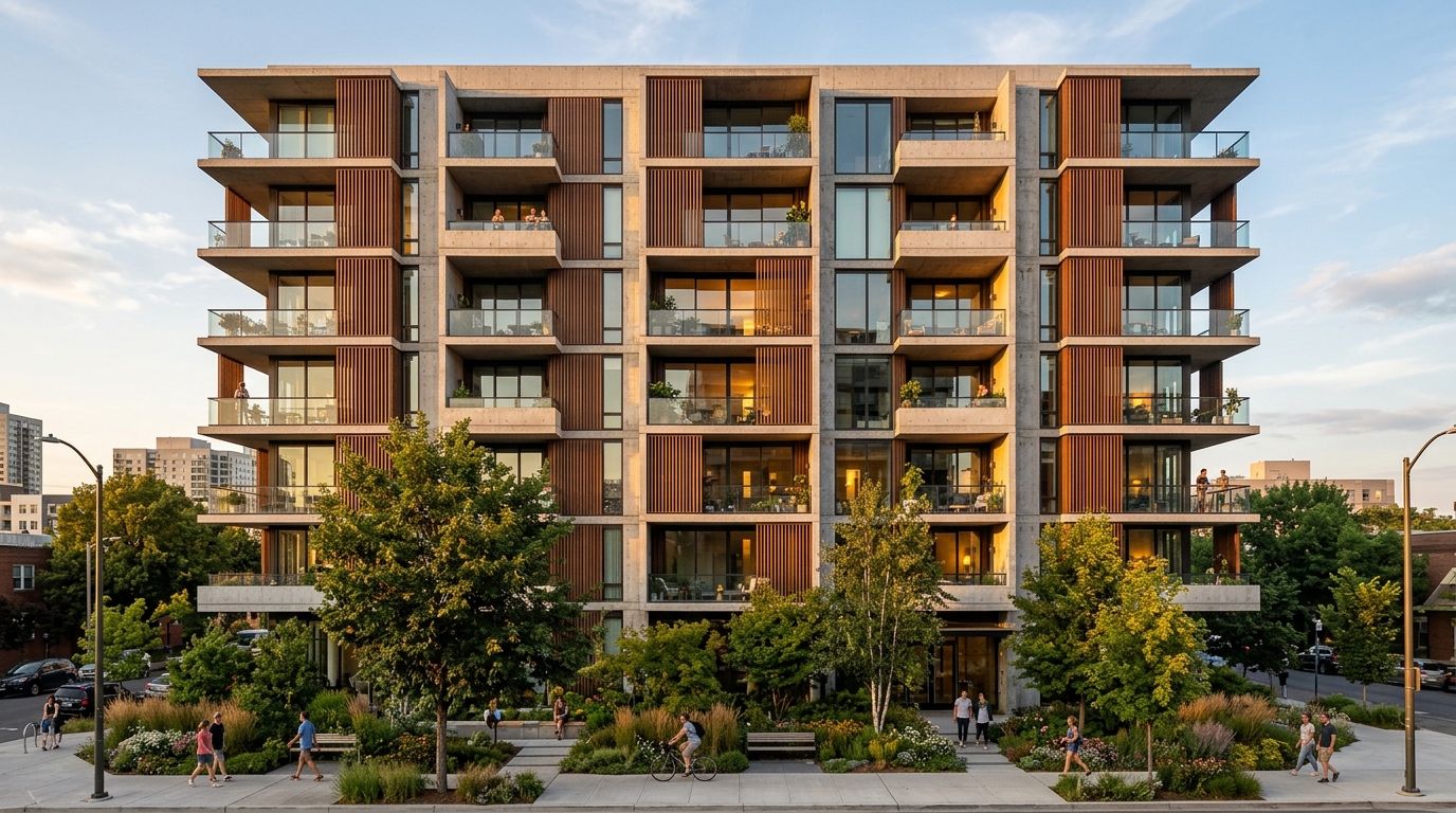 Contemporary multi-story residential building with cast concrete balconies and timber louvers