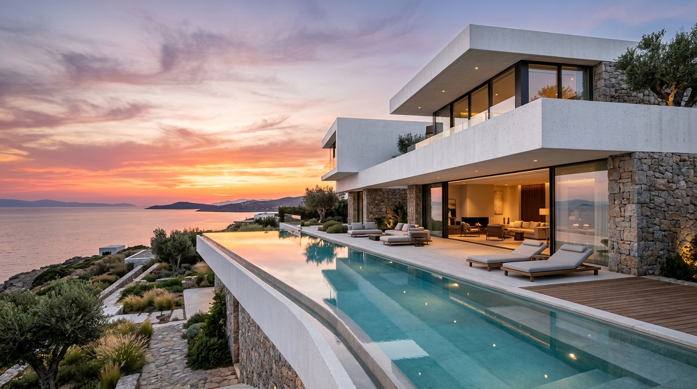 Luxury modern architectural villa with cantilevered slabs and infinity pool